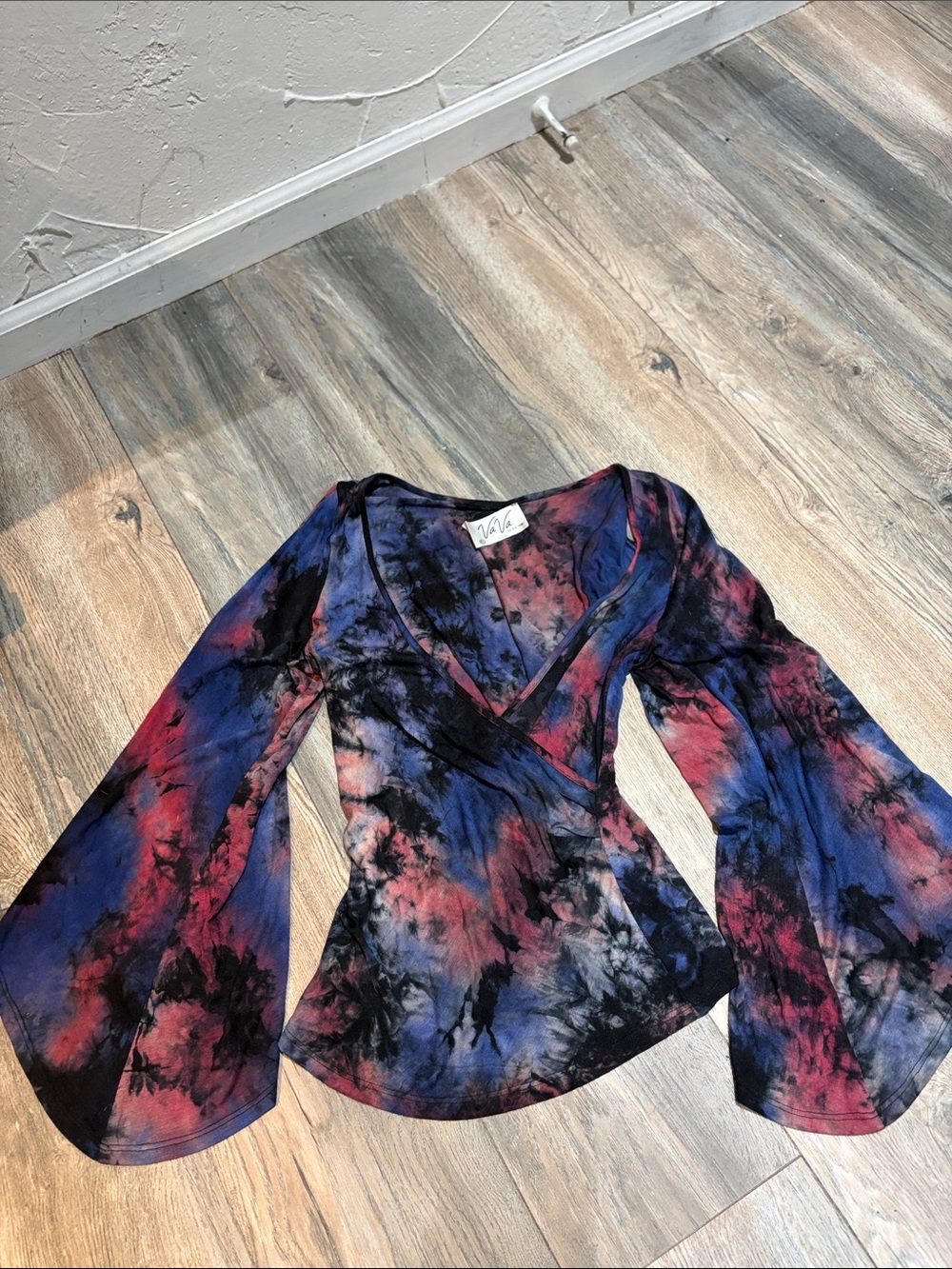 Vava by Joy Han Tie-Dye Wrap Top in Navy, Burgundy & Black with peek-a-boo shoul